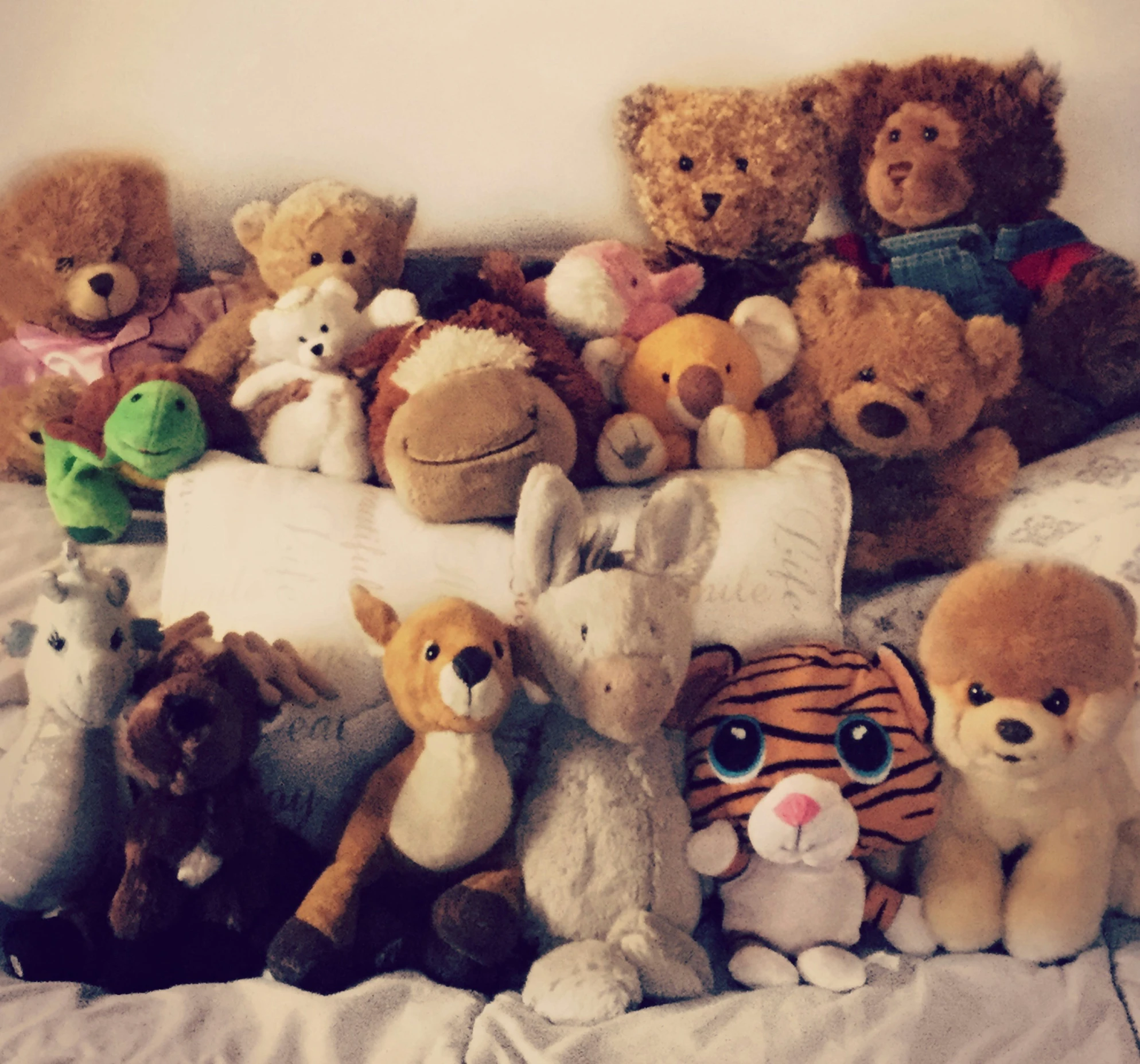 a large amount of stuffed animals all sitting on a white sheet