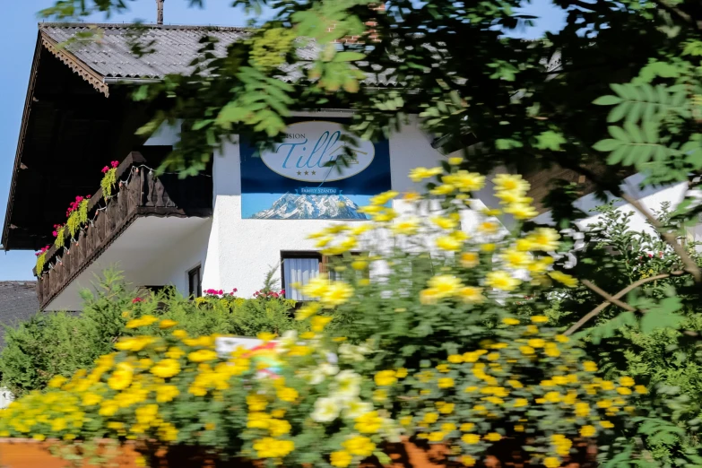 a building that is next to some trees and flowers