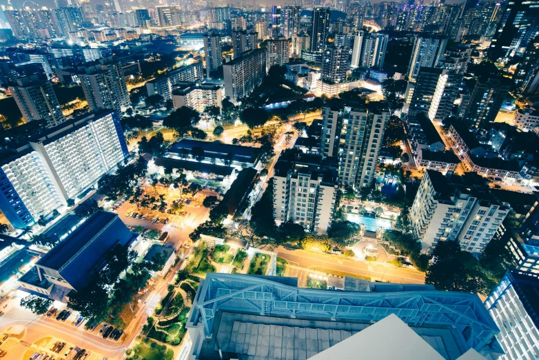 an aerial view of a city at night