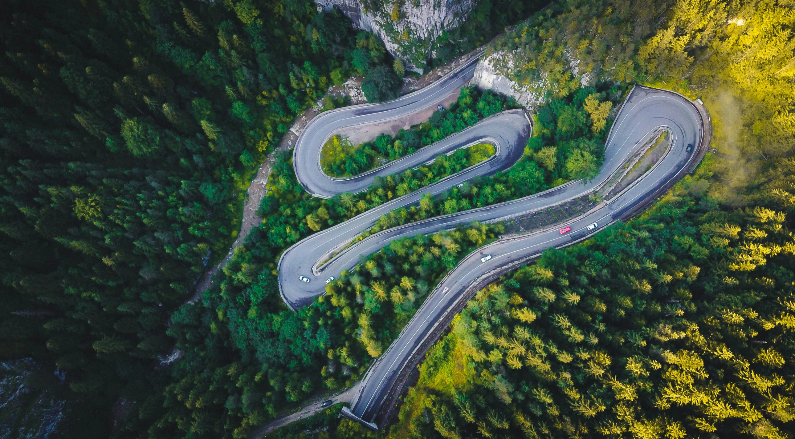 an overhead view of a winding road with trees