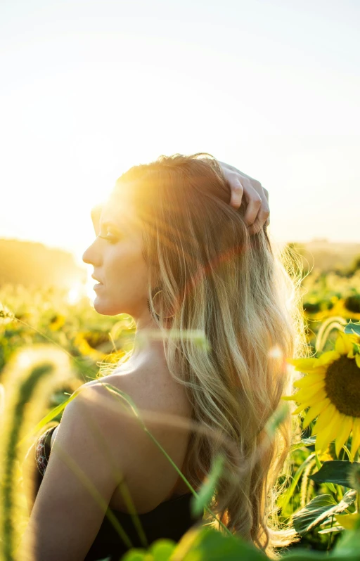 a woman stands in a sunflower field, looking into the distance