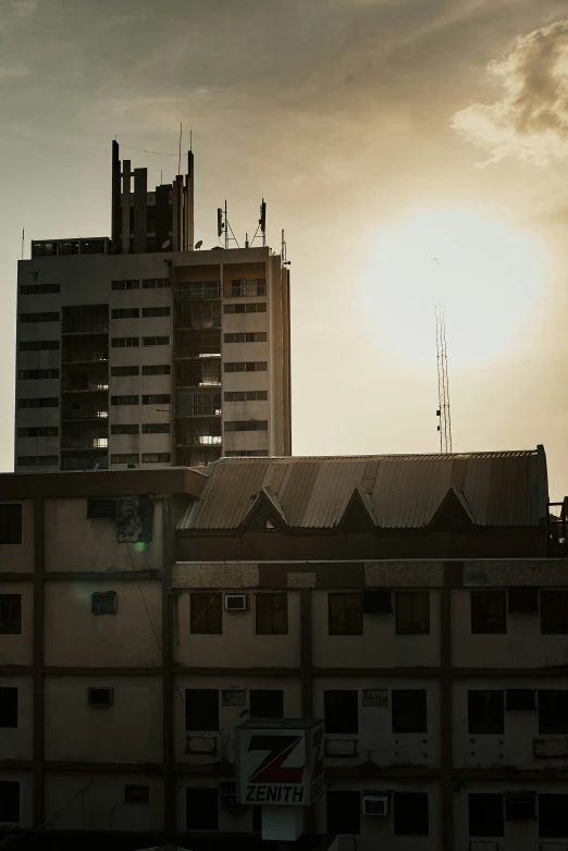 an urban city skyline with two buildings near one another