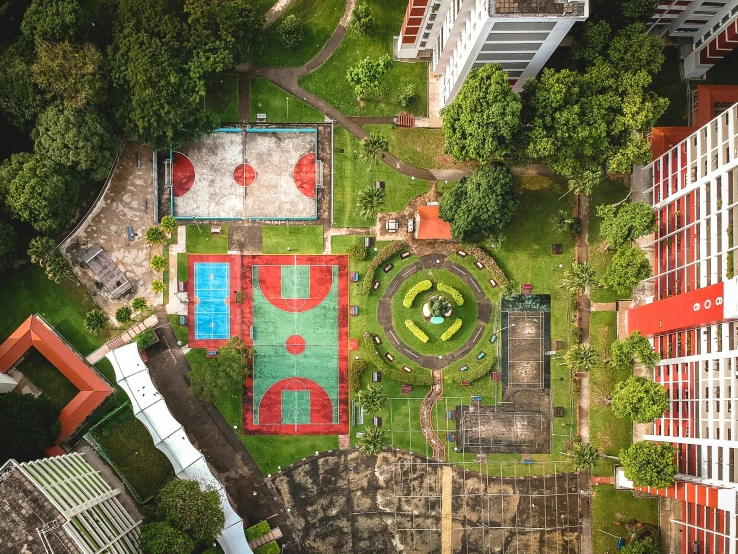 an overhead view of a playground, including a green area and trees