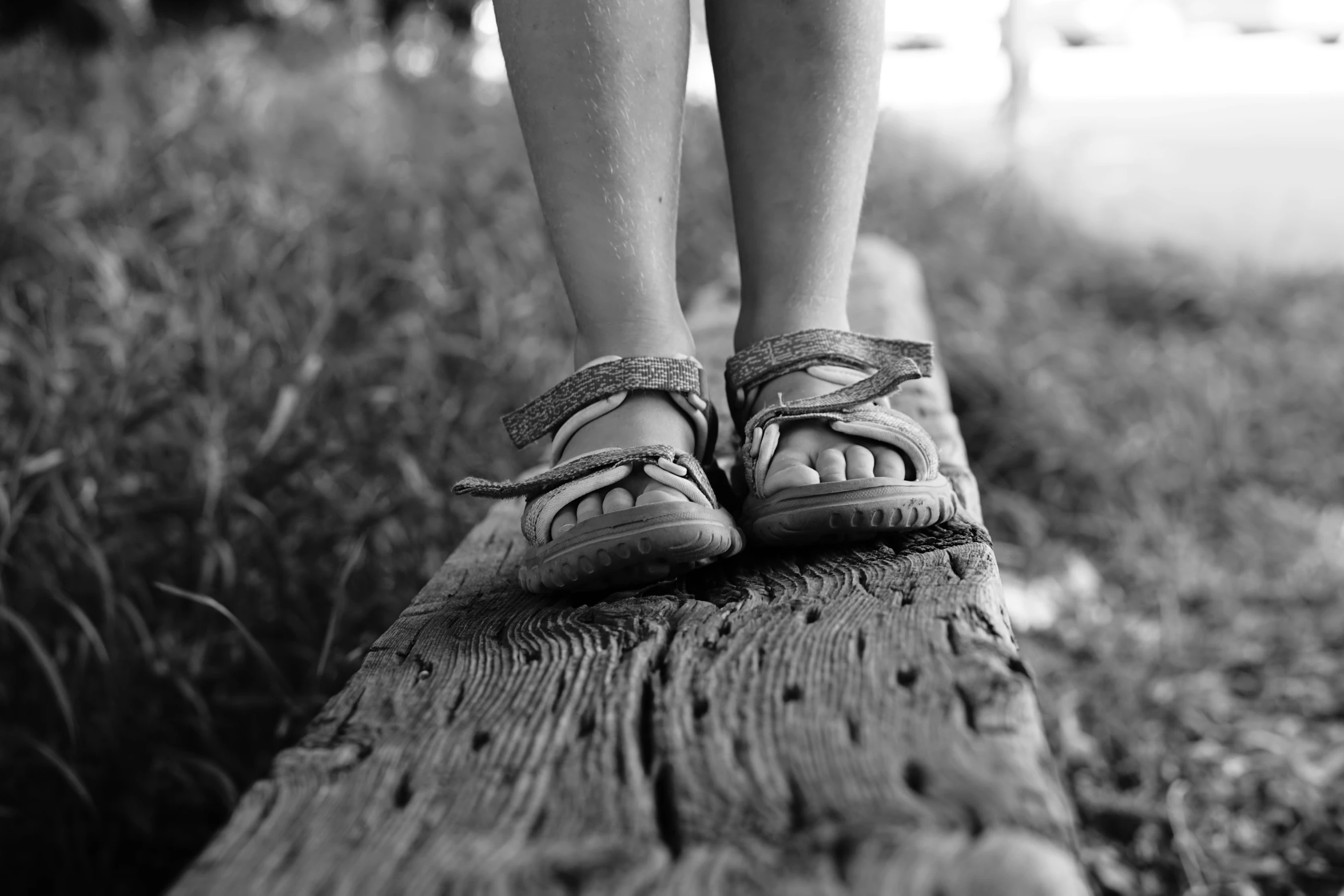 this is a black and white image of two people standing on a log