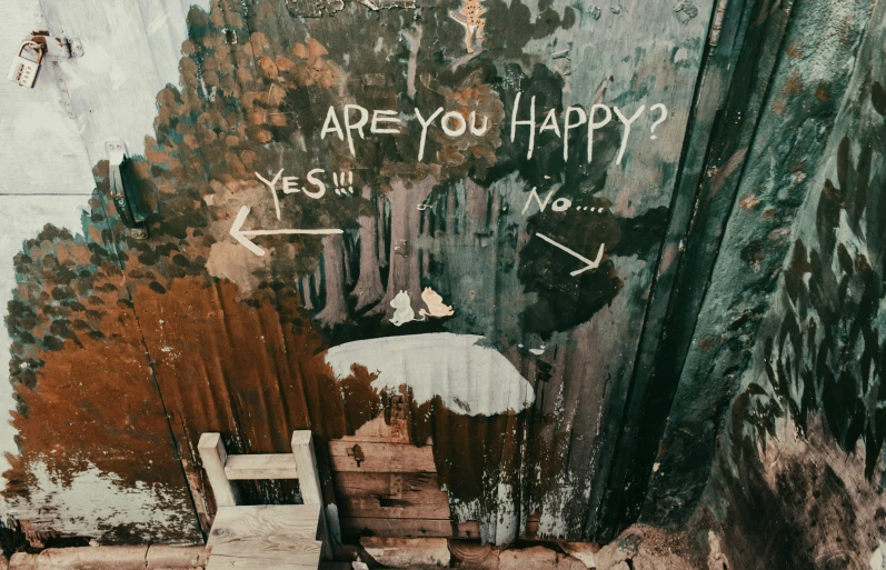 a wall with the words are you happy written on it