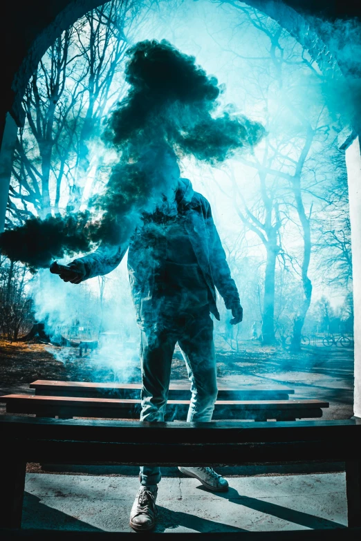 a person is standing on a bench near a forest