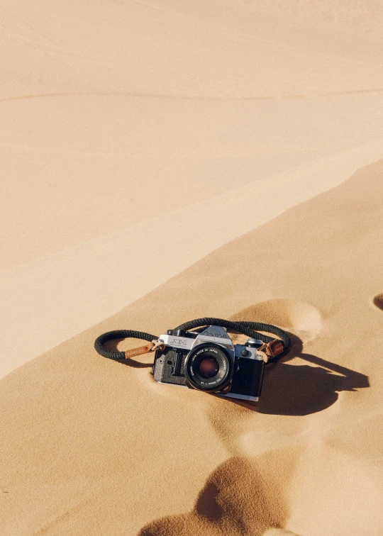 a close up of a camera on the sand