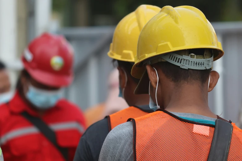 people standing with construction workers wearing safety gear