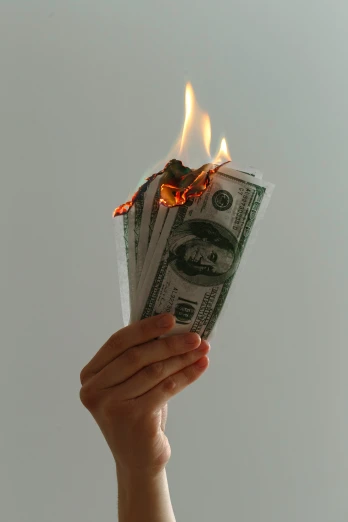 a person holding up a burning bundle of money