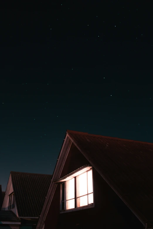 a window is lit up at night in front of the house