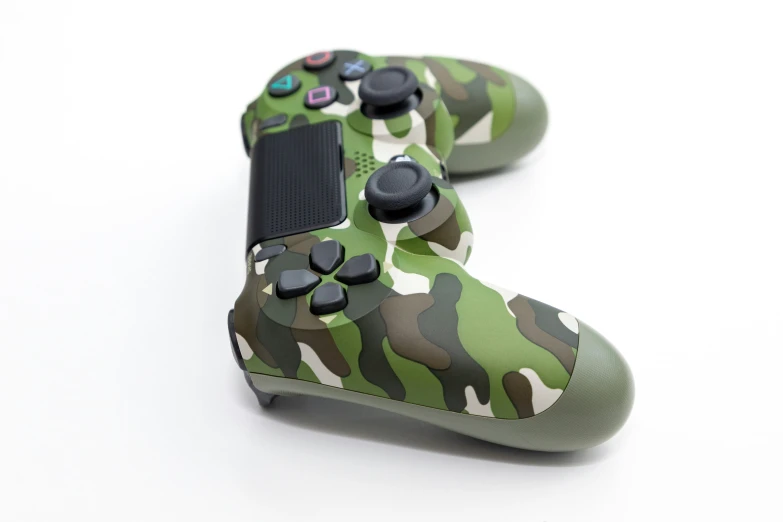 a camouflaged, double sided gaming controller sits on a table