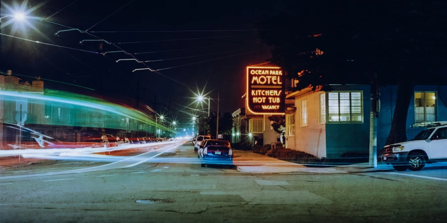 the motel at night on a city street