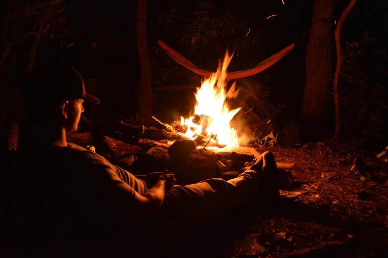 a person sitting next to a fire and a cat