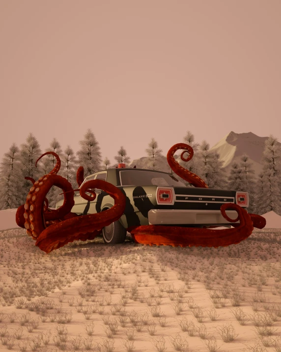 a cartoon car is shown with an octo like tentacles sticking out of the hood