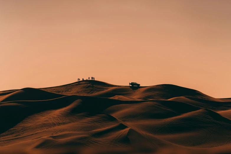 a brown and black po of two people on top of a sand hill