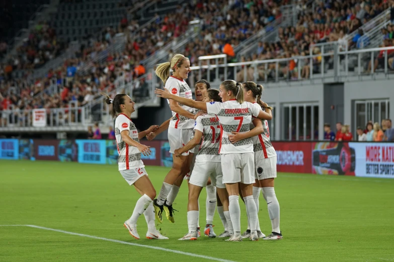 several women soccer players congratulate each other on the field