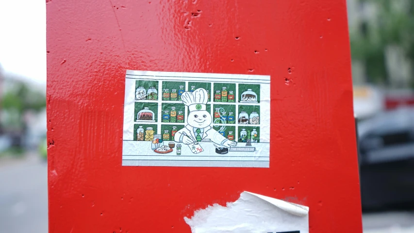 sticker on red object indicating food items on table