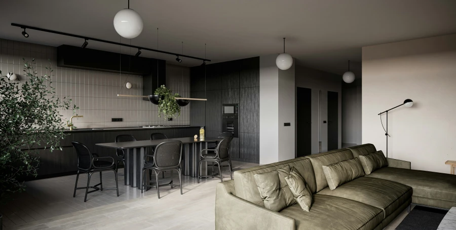 this living room has dark wood flooring and walls