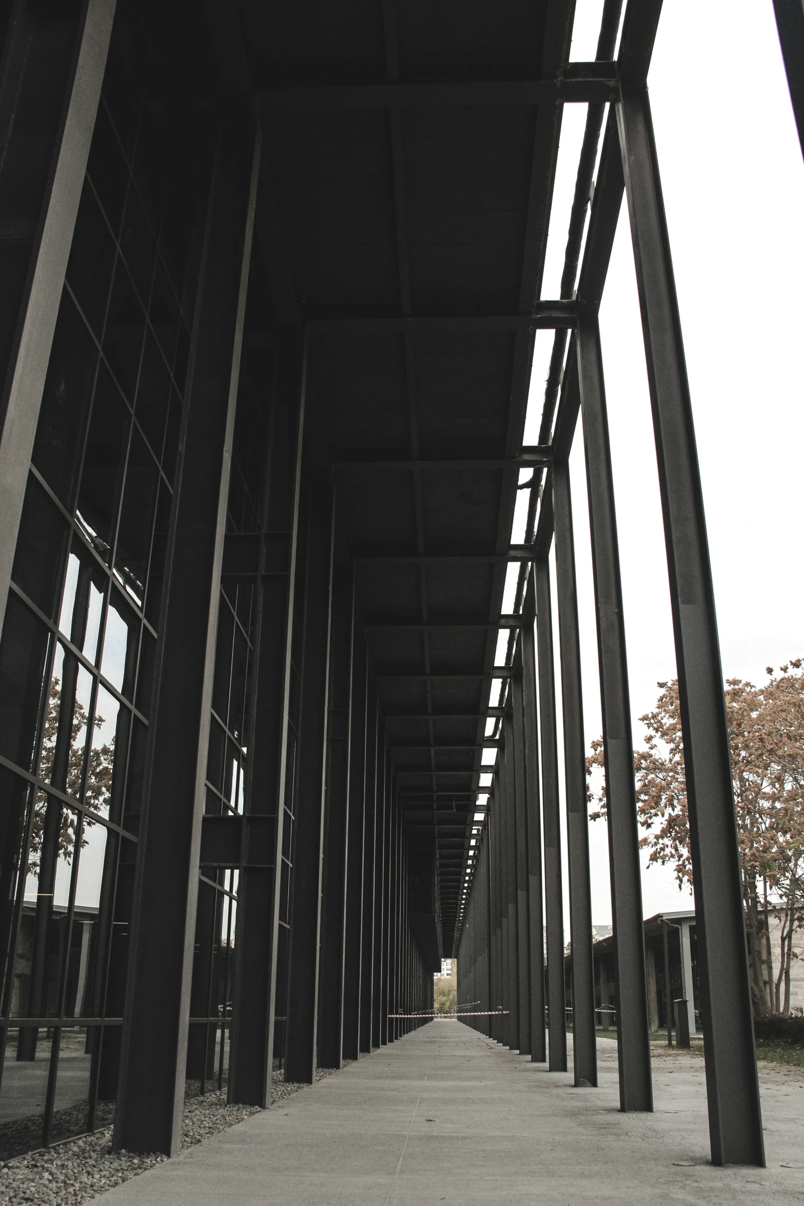 a wooden walkway is lined with tall metal poles