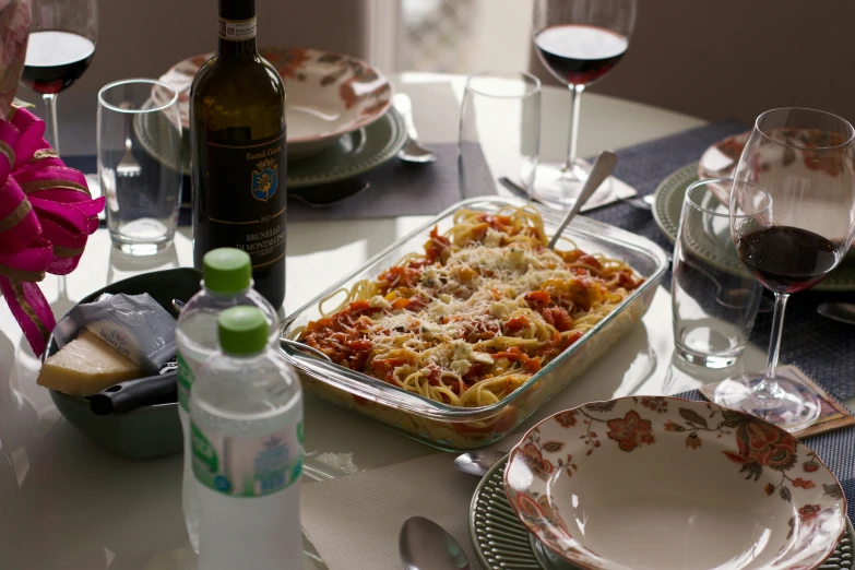a table with wine glasses a pizza dish and several empty dishes