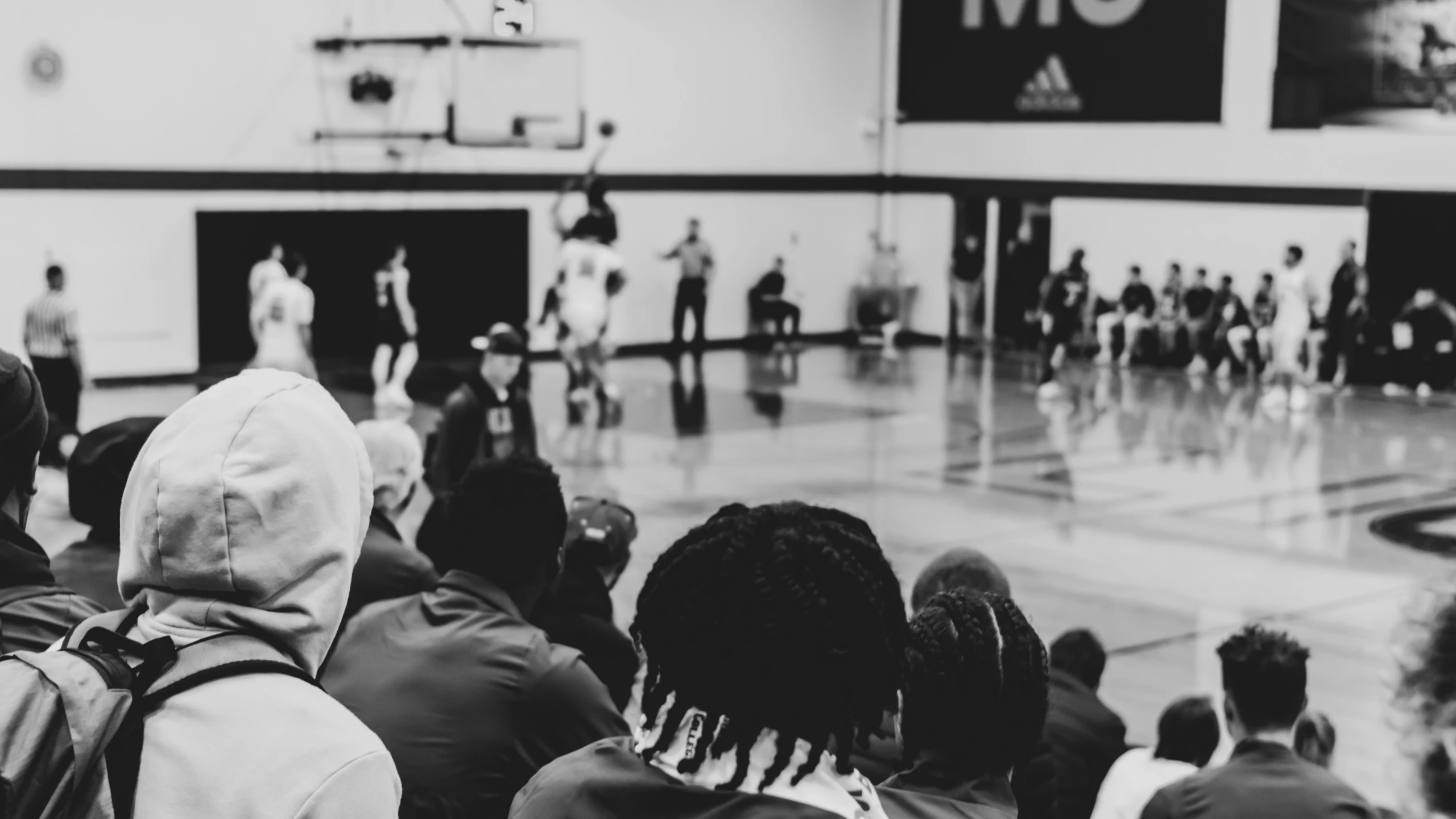 people standing on the court with a basketball hoop behind them