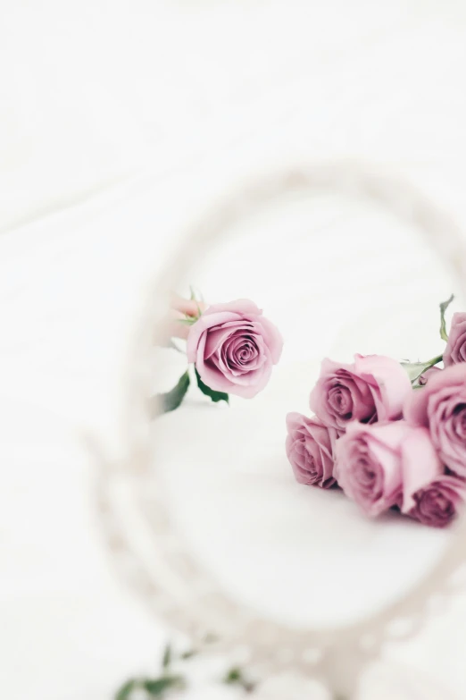 a group of pink roses sitting in the middle of a mirror