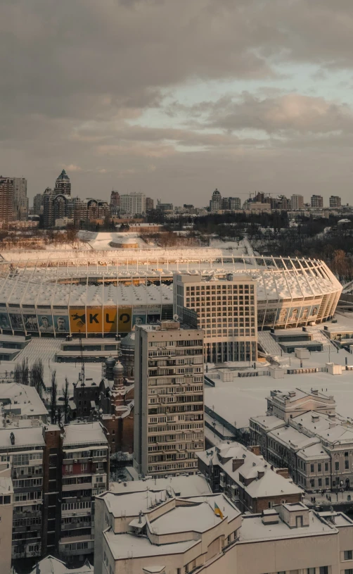 a very high way up above a city in winter