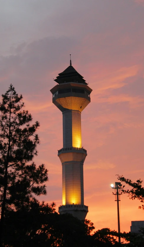 a tall clock tower towering over the trees at sunset