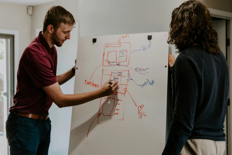 a man standing near another man writing on a board