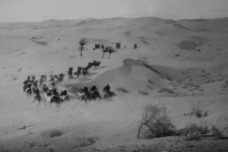 a black and white po of horses being led by men in the desert