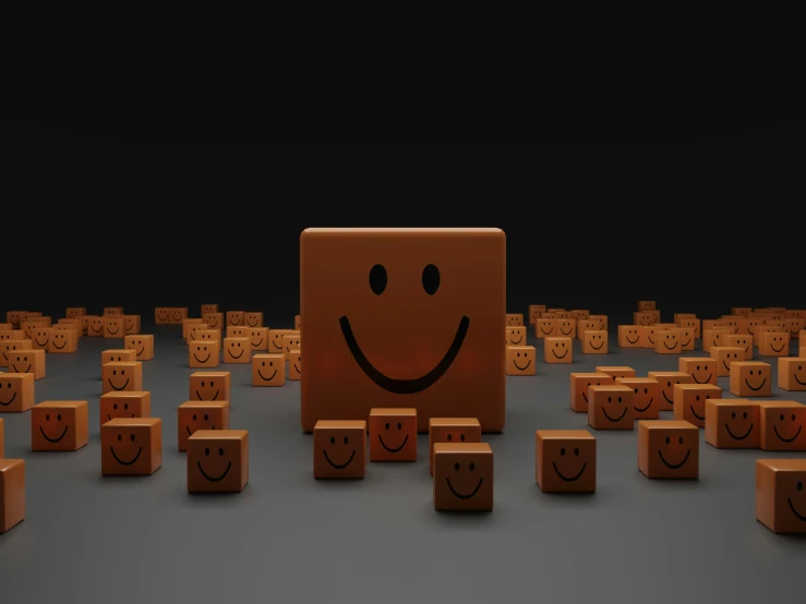 a large group of cardboard boxes with smiling faces