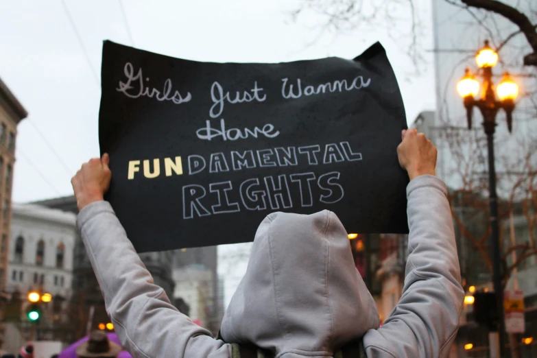 a protestor holds up a sign that reads fun essential rights