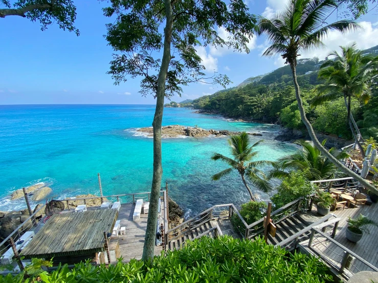 stairs to an overlook over the blue ocean