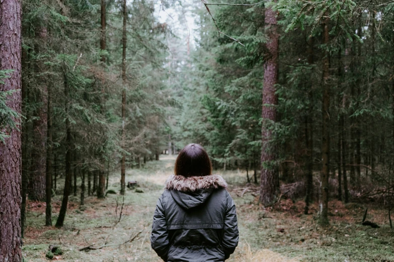 person wearing raincoat looking at trees in wooded area