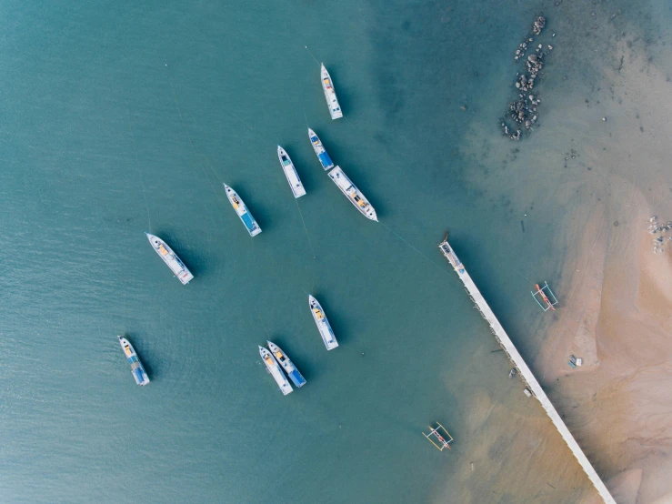 aerial view of a sea with many boats