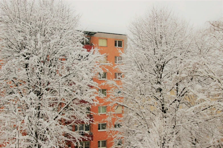 a snowy winter landscape with two large red buildings