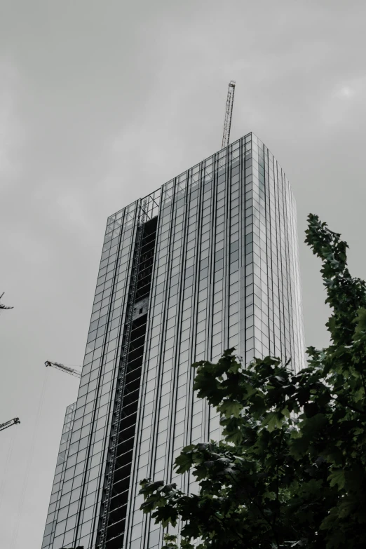 a large building with cranes standing outside on a cloudy day