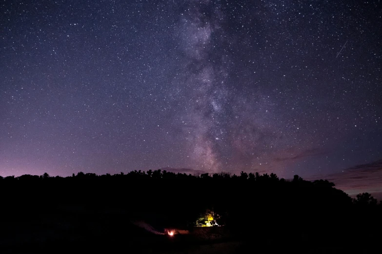 the night sky has stars and trees surrounding