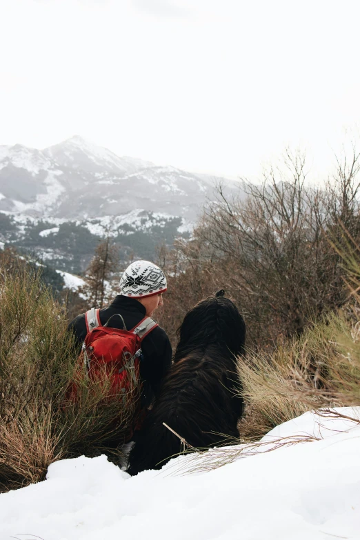 the man sits with two dogs in the snow