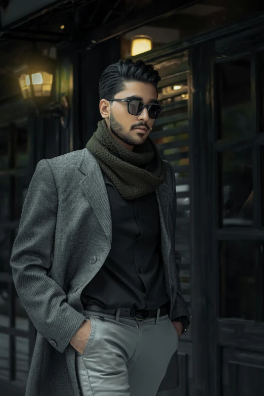 a man standing in front of a building while wearing sunglasses