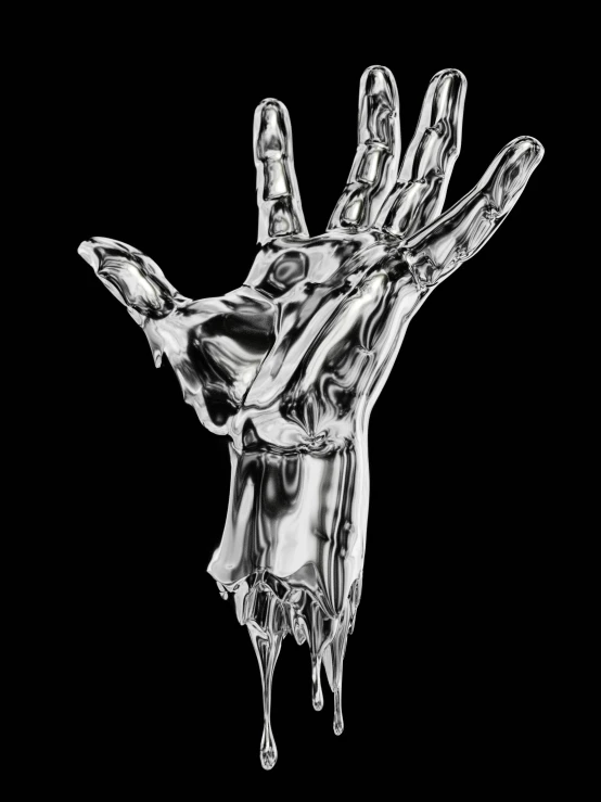 a dripping hand made from melted glass on a black background
