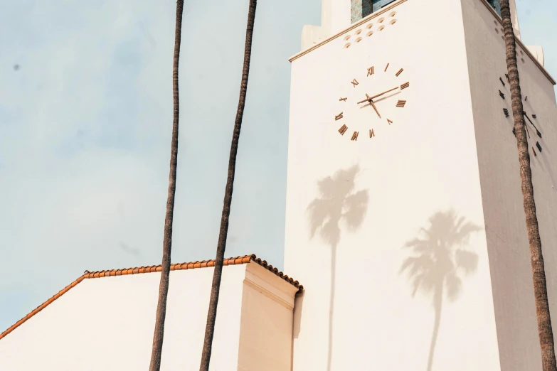 a tall clock tower with two palm trees and sky in the background