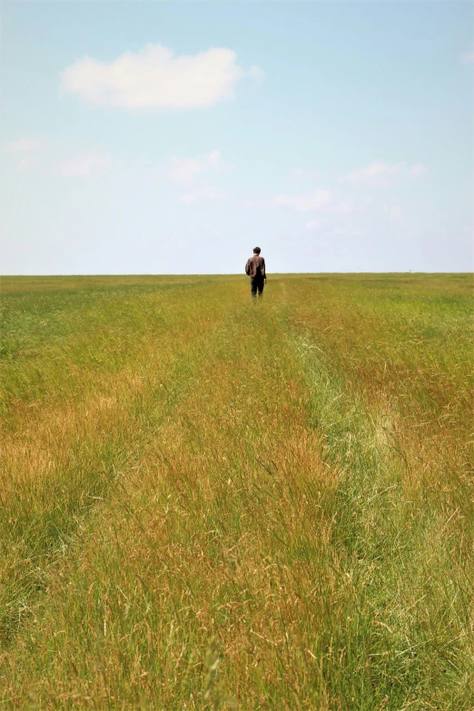 a lone person walks across a field on a clear day
