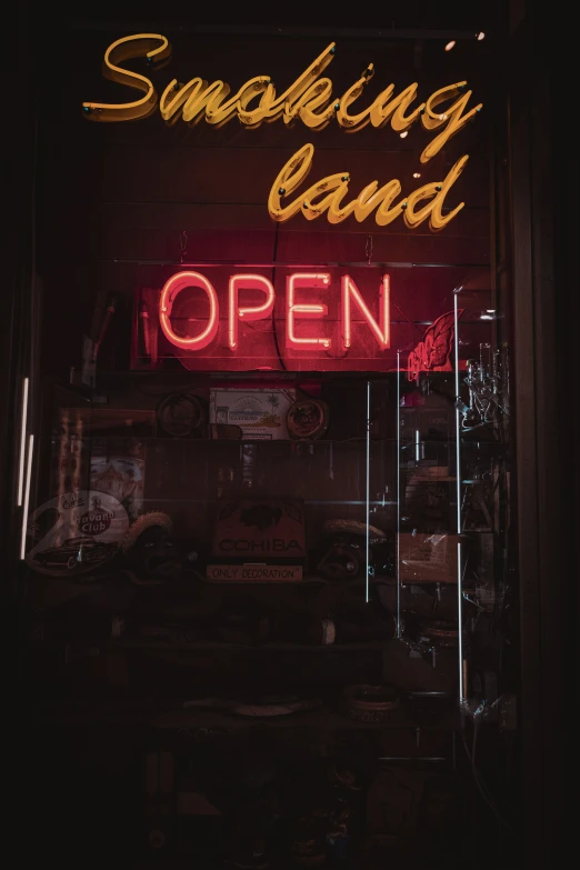 a neon sign in the window of a bar