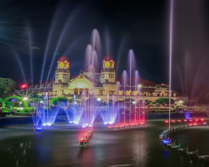 a colorful fountain show lit up with lights