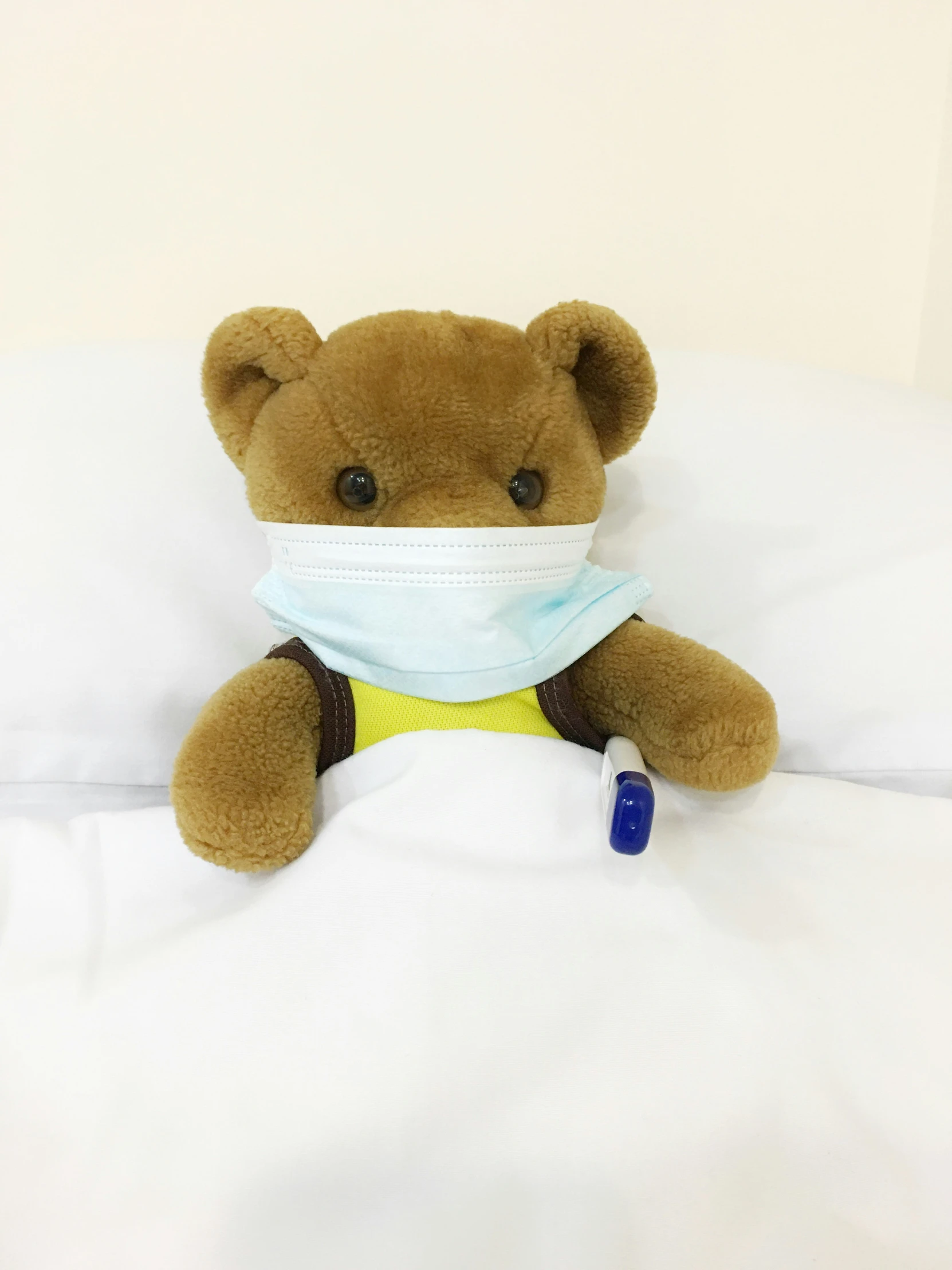 a small brown teddy bear wearing a surgical mask