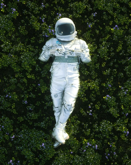 a space man floating in space surrounded by purple flowers
