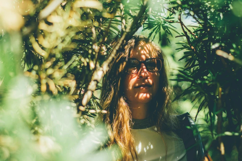 a person wearing glasses peeking out through a tree