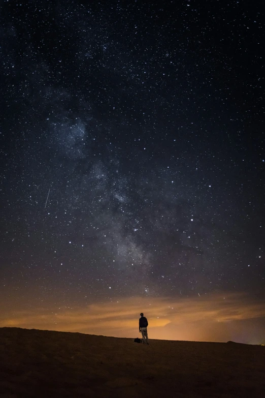 people are standing alone watching the stars in the sky