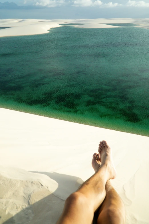 the legs and feet of someone relaxing in sand near water